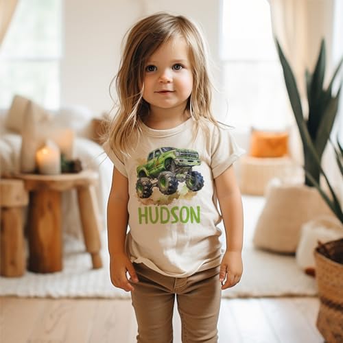 Custom Green Monster Truck Shirt - Personalized Kids Name Birthday Outfit For Boys & Girls - Natural Toddler Youth Tee4