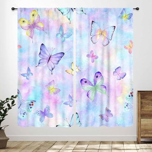 Lnepty Butterfly Curtains for Girls Room,Rainbow Butterfly Pink Purple Galaxy Star Princess Kids Drapes Treatments for Living Rooms Bathroom Nursery 2...
