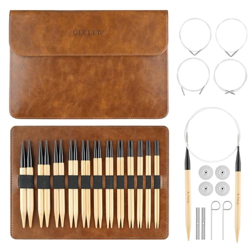 Guclud Bamboo Knitting Needles Set 5-Inch Interchangeable Circular Knitting Needles US 4-15 (3.5-10mm) 12 Pairs of Hand-Polished Circular Needles 4 Cables Accessories & Case (Black Tip)