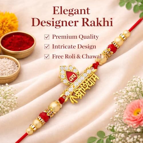 Image of Riddhika Ventures Glorious Gold Plated Auspicious Diamond Ring Rakhi with Roli Chawal and Greeting Card