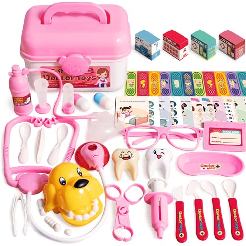 LUFEIS Maletin Medicos Juguete, 47 Piezas Maletín de Doctor, Maletin Doctora Juguetes, Medico Juguete con Luces y Sonido, Juegos de Imitacion Regalos para Niñas Niños 3 4 5 6 Años, Rosa