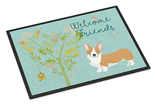 Caroline's Treasures BB7608MAT Welcome Friends Pembroke Welsh Corgi Red Doormat 18x27 Front Door Mat Indoor Outdoor Rugs for Entryway, Non Slip Washable Low Pile, 18H X 27W