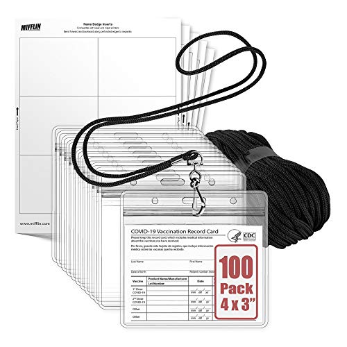 MIFFLIN Lanyard with Horizontal ID Name Badge Holder + Paper Inserts 3-Piece Kit (Black, Clear 4x3 Inch Card Holder, 100 Pack)
