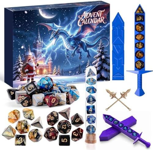 Adventskalender 2026 DND Würfel Set, 28 Polyedrische Würfel in 4 Sets,24 Tage Weihnachtskalender, 2 Stück 3D Schwert-Würfelboxen,2 Stück Waffenmodellen, Familien & Kinder Geschenk