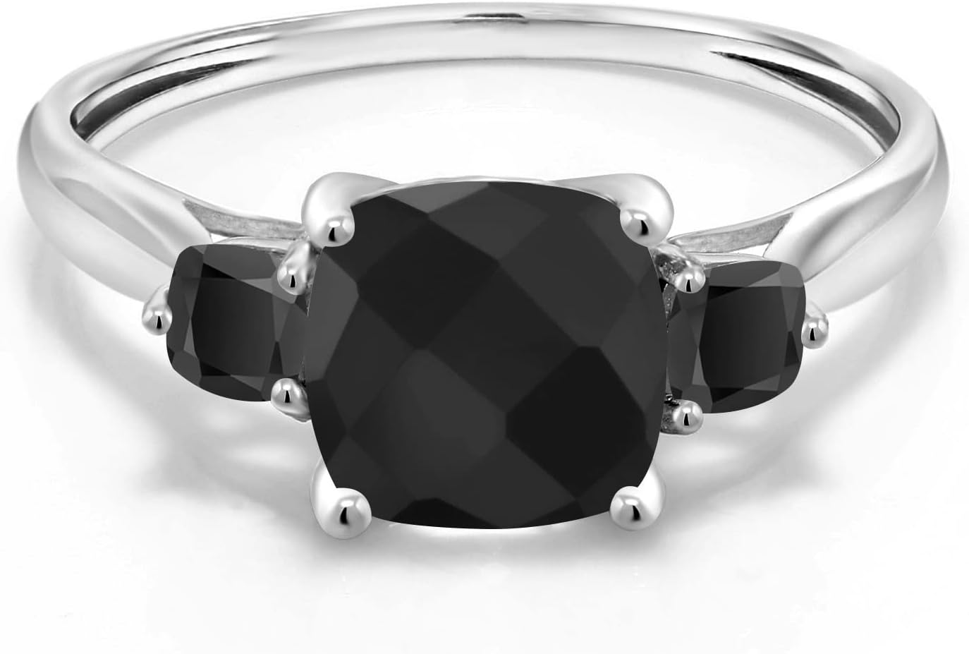 Gem Stone King 10K White Gold Black Onyx 3-Stone Engagement Ring | 1.73 Cttw | Cushion 7MM and 3MM | 3 Stone Wedding Anniversary Promise Ring For Women - Image 2