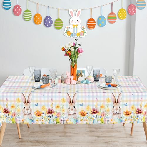 Image of QZYL 2 Pack Easter Tablecloth Disposable, 54 inch x 108 inch Easter Decorations for Table, Plastic Table Cloths with Colorful Eggs Bunny Flower, Rectangular Spring Tablecloths for Party Decorations Supplies