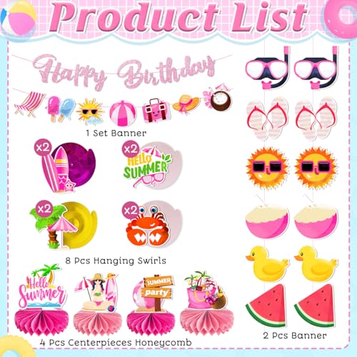 Image of Summer Pool Birthday Party Decorations Beach Theme Happy Birthday Banner Pool Beach Hanging Swirls Hello Summer Party Decorations Honeycomb Centerpiece for Hawaiian Luau Birthday Party Supplies
