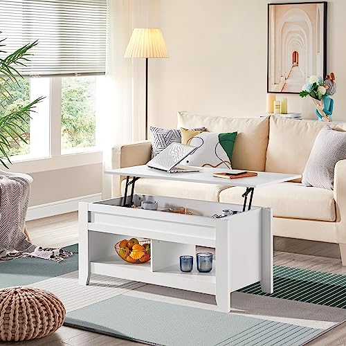 Yaheetech Couchtisch Höhenverstellbar Kaffeetisch Wohnzimmertisch mit Ablagefach Holz Sofatisch Beistelltisch für Wohnzimmer, Weiß – Ansicht 4