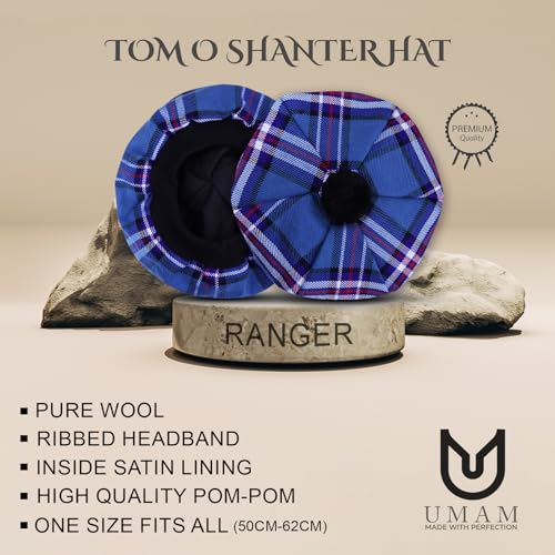Image of Scottish Tam O' Shanter Hat Tartan Bonnet Pom Pom Wool Flat Cap One Size
