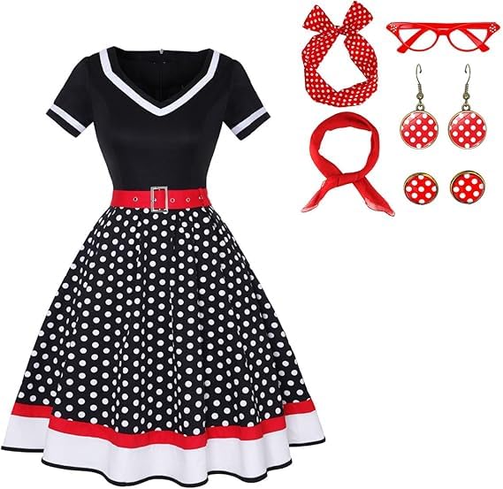 DELIVESS Vintage 1950s Women's Polka Dot Dress - Retro Rockabilly Costume for Party & Halloween 7PCS(Black Red,Large) โ image 1