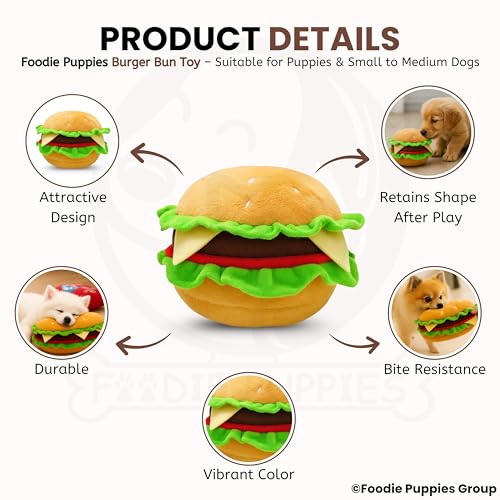 Image of Foodie Puppies Dog Squeaky Plush Toy - (BurgerBun) | Durable, Bite-Resistant & Soft Stuffed Chew Toy | Safe, Fun & Interactive for Playtime, Dental Exercise & Teething for Small to Medium Dogs (8cm)