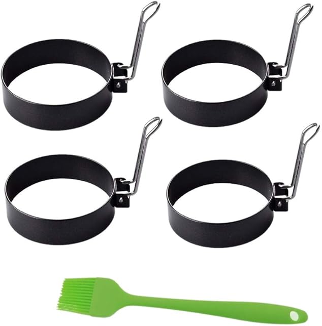 JZK 4 x Non Stick Metal Egg Ring molds with Handle + Silicone Brush, Round Fried Egg Moulds for Frying pan, Poached Egg Muffin Pancake Maker Shaper Tool