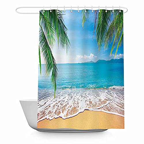 Allenjoy Tropical Beach Shower Curtain Summer Seaside Scene Ocean Island Palm Tree Bathroom Decorations Curtain Durable Bathtub Showers Decor With 12 Hooks 72X72 Inch #TOP2