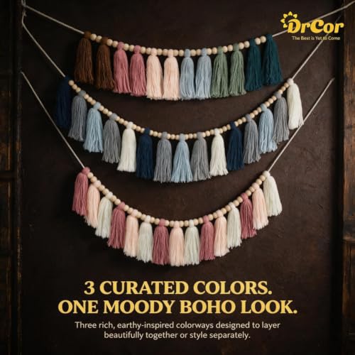 Image of DrCor Moody Boho Tassel Garland, Set of 3 with Natural Wood Beads - Vintage