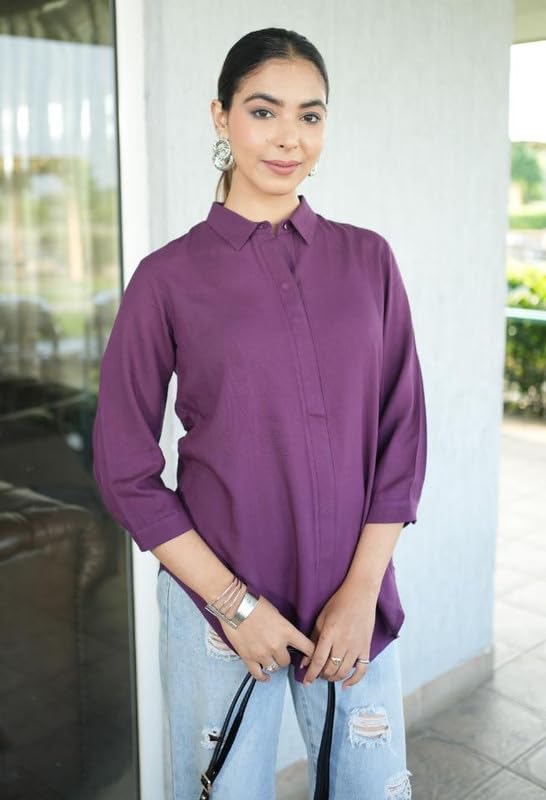 Image of Mlada Hemline Solid Shirts for Women | 3 /4 Sleeves Classic Rayon Shirt for Office Wear | Collared Neck Shirt for Girls | Regular Fit Shirts | Smart Formal Button Down Shirt for Women
