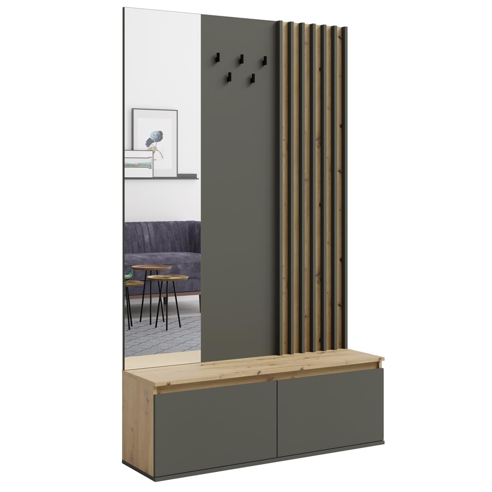 Lomadox Garderoben Set Kommode mit Bank Paneel Spiegel Eiche Graphit Lamellen-Design