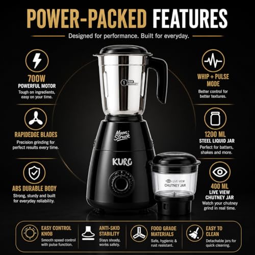 Image of Moonstruck Kuro Up to 700W Mixer Grinder | HeatShield Motor | LiveView Chutney Jar | Perfect for Bachelors, Couples & Small Kitchens | SpiceCrush Technology | 2 Year Warranty (Black)
