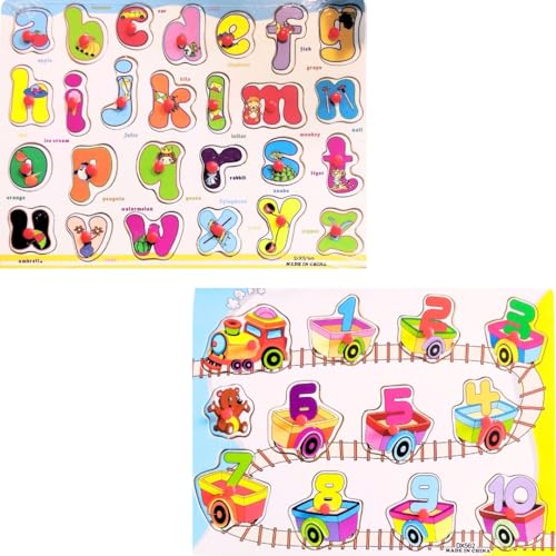 Image of PLUSPOINT ABC + 123 Wooden Educational Toddlers Puzzles, Wooden Alphabet Number Shape Puzzles Toddler Learning Puzzle Toys for Kids Boys & Girls, 2 in 1 Puzzle for Toddlers (ABC+123 Puzzle)