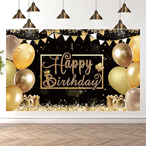 Happy Birthday Decorations -Happy Birthday Backdrop, Large Happy Birthday Sign Banner,Happy Birthday Party Decorations Supplies Background for Women Men Children,71x44Inch(Black Gold)
