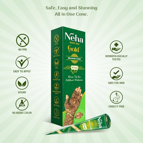 Image of Neha GOLD Mehandi Cone Pure Henna Paste with Essential Oils for Application on hand, feet & body for temporary tatoo - 25g each (Pack of 2) - Net weight 50g