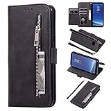 EYZUTAK Hülle für Samsung Galaxy S7, Magnetverschluss Reißverschluss Brieftasche Hochwertig PU Leder mit 5 Kartenfächern Standfuntion Innen Weiche TPU Klapphülle mit Handschlaufe - Schwarz