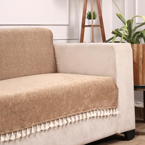 Image of STITCHNEST Beige Chenille Sofa Cover 70x30 Inch - Soft, Durable & Textured Fabric with Tassels | Sofa for Living Room, Bedroom, or Drawing Room11