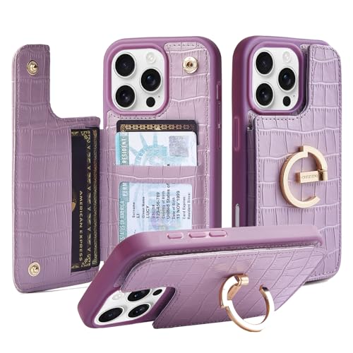 CUSTYPE for iPhone 16 Pro Max Wallet Case with Card Holder,180°Ring Holder Kickstand Card Slots Case for iPhone 16 Pro Max 6.9inch-Purple