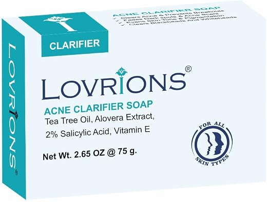 LOVRIONS Acne Clarifier Soap with Tea Tree Oil, Alovera Extract, 2% Salicylic Acid, Vitamin E, 75g Bar for All Skin Types (1)