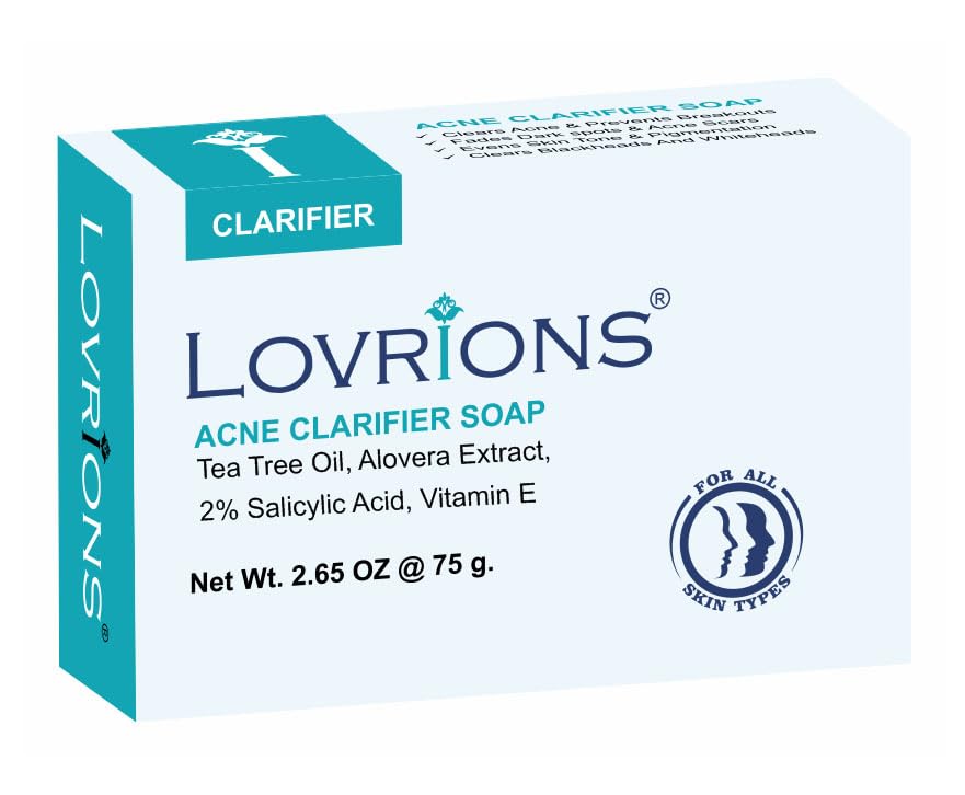 LOVRIONS Acne Clarifier Soap with Tea Tree Oil, Alovera Extract, 2% Salicylic Acid, Vitamin E, 75g Bar for All Skin Types (1)