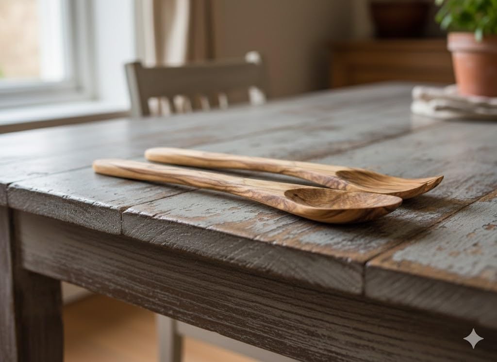 Zuluf Olive Wood Salad Servers Set, 8 Inch Wooden Spoon and Fork for Tossing and Serving, Handcrafted Natural Grain Utensils, Smooth Ergonomic Handle with Hanging Hole (8” 2-Piece