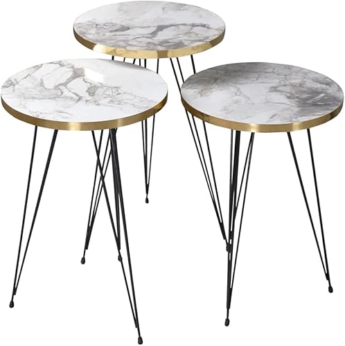 Mesas auxiliares anidables de mármol sintético con patas de metal, juego de 3 mesas auxiliares redondas para sala de estar, mesas auxiliares