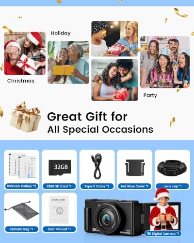 True 5K Digital Camera for Photography, 80MP Vlogging Camera for YouTube & Content Creators with 3" 270° Flip Screen, 18X Digital Zoom & Autofocus, Includes 2 Batteries, 32GB Card & Flash, Black — view 8