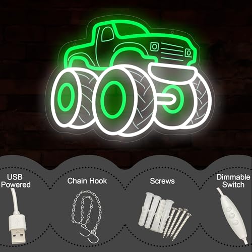 Image of Monster Truck Neon Sign, USB Powered LED Light for Room Decor | Truck Wall Decor for Boys Room, Game Room, Garage, Party Decoration and Vehicle Fans Gift