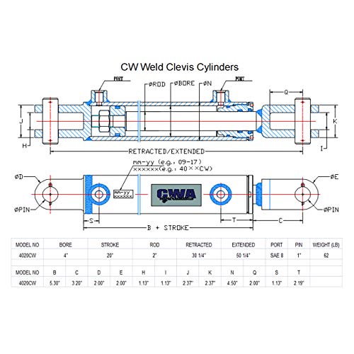 Image of CW Weld Clevis Cylinder 4 inch Bore x 20 inch Stroke x 2 inch Rod x SAE 8 Port x 3000 PSI