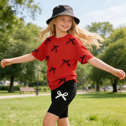 Image of Kids Girl Clothes Heart Print Short Sleeve Top and Shorts Cute Girl Summer Outfits Short Set