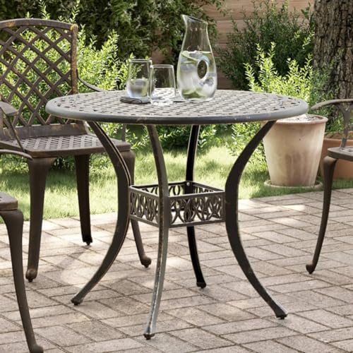 Mesa de jardín de aluminio fundido bronce de Ø90x75 cm con orificio para sombrilla de exterior 2