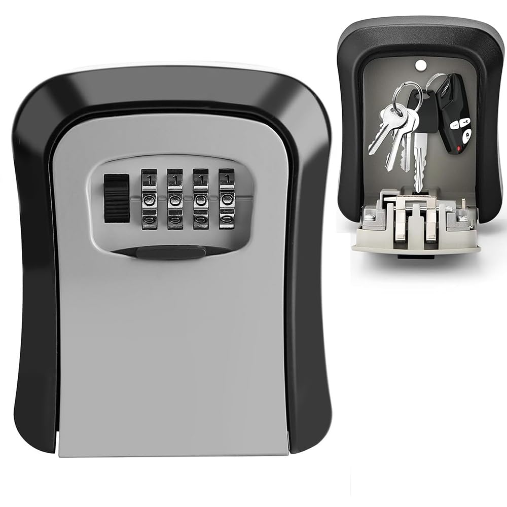 Key Safe Box, Wall Mounted 4 Digit Combination Key Storage,Portable Safe Lock Box Outdoor, Waterproof and Security-Key Cabinet Safe for Keys & Access Cards(Grey)