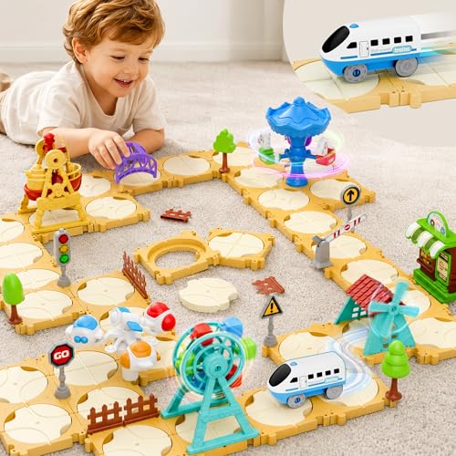 iPlay, iLearn 125 PCS Train Race Track Puzzle Toys for Kids Age 3-5, Toddler Floor Puzzle Car Track Playset W/Electric Train, Learning STEM Assemble Toy, Cool Birthday Gifts 4 6 7 8 Year Old Boy Girl