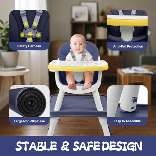 Image of 5 in 1 Baby High Chair, Toddler Chair with Removable Tray, Convertible High Chairs for Babies and Toddlers, Kids Learning Table, Building Block Table, Dining Booster Seat with Safety Harness, Blue