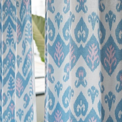 Image of Tranquebar Curtain Co. Cotton Curtains 7 Feet Long Set of 2, 60-65% Room Darkening, Blue-Red Chevron Print, Door Curtains 7 Feet Set of 2, BackTabs, Ikat (213 cm) - Set of 2