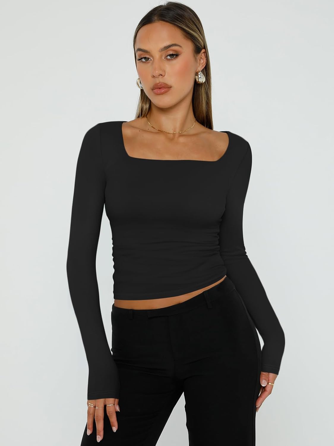 Trendy Queen Womens Cropped Long Sleeve Top - Square Neck Y2K Going Out & Workout Shirts, Soft Stretchy Fit - Image 2