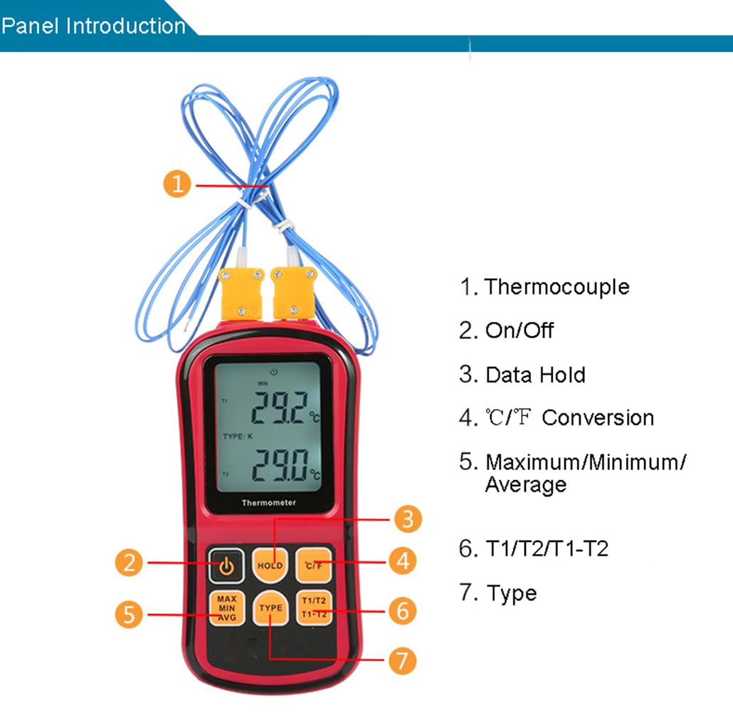 ThreeH Termometro digitale a doppio canale LCD retroilluminato con sonde termocoppia tipo K per K/J/T/E/R/S/N