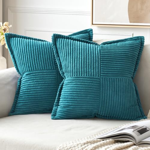 Image of MIULEE Decorative Throw Pillow Covers for Couch Bed Livingroom 16x16 Inch Set of 2 Teal Blue Boho Accent Throw Pllows Broadside Striped Patchwork Soft Corduroy Summer Coastal Pillowcases
