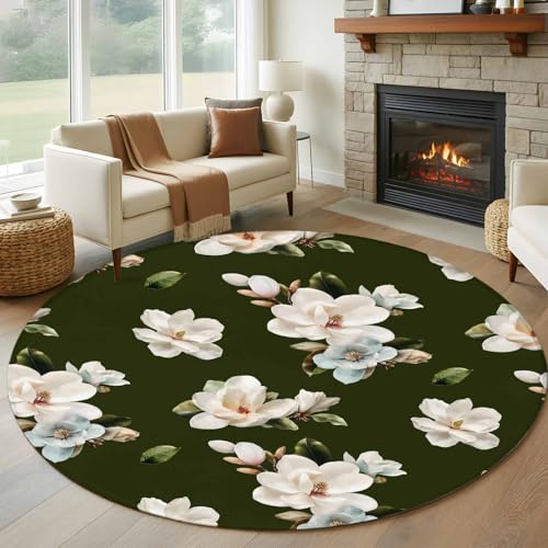 Round Area Rug 6 Ft, Farmhouse Flowers Washable Non-Slip Circle