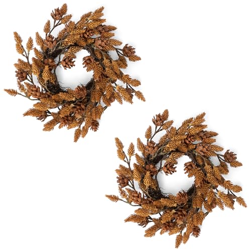 Fuxdre 2 Pcs Christmas Candle Rings Wreaths, 10 Inch Candle Wreath with Artificial Brown Pinecone, Christmas Candle Holder Indoor Decor for Home Kitchen Cabinets Centerpieces for Tables