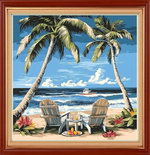 Image of Joyhoor Stamped Cross Stitch Kits for Beginners Needlepoint Kits for Adults Embroidery Kits 11CT Counted Cross Stitch Kits Printed Embroidery Pattern-Drinking Tea Under Coconut Tree 18x18 inch