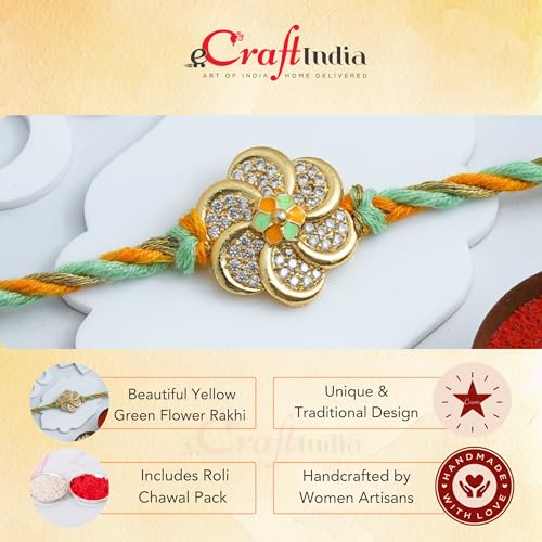 Image of eCraftIndia Yellow Green Flower Rakhi for Brother Bhaiya Bhai with Best Bro Ever Fridge Magnet | Roli Chawal Pack