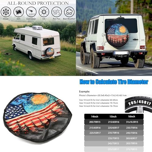 Image of Spare Tire Cover for RV Trailer, PU Leather Tire Cover Waterproof Sun Protection with American Flag & Forest Design, Fit for Trailers, RV, SUV, Off-Road Vehicle, Camper, and Trucks (15 inch)