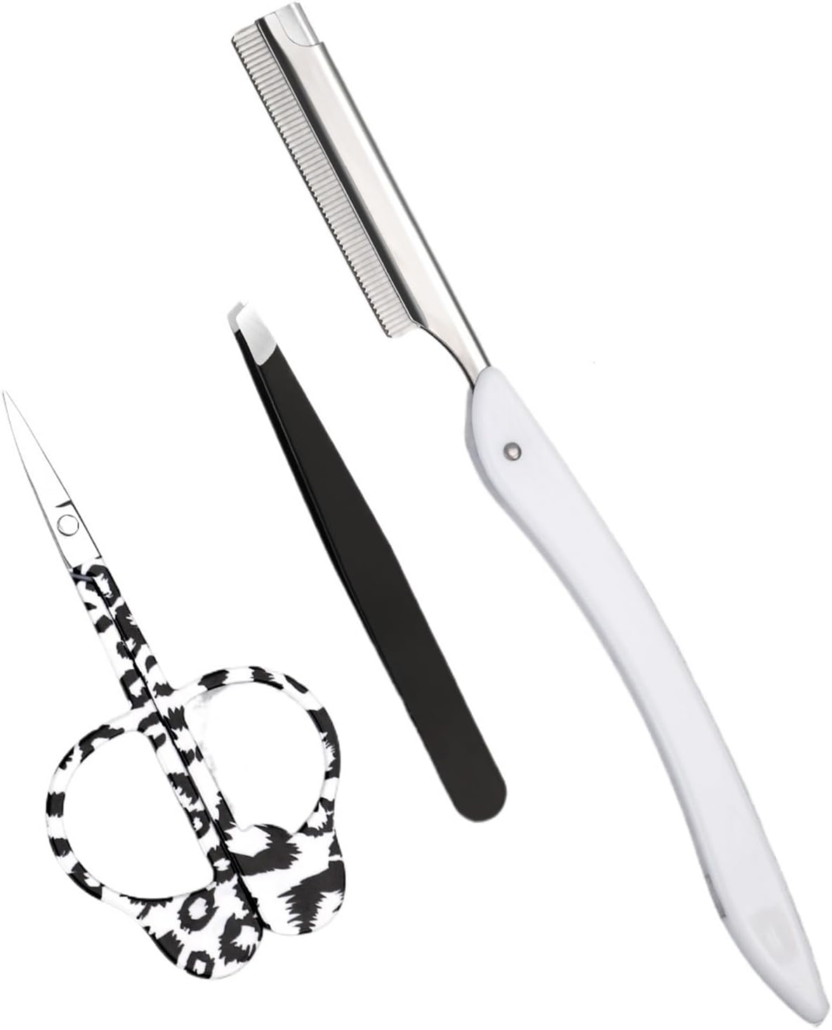 eyebrow trimmer 3pcs stainless steel eyebrow scissors, equipped with scissors, eyebrow trimmer and tweezers, create exquisite eyebrows.(Black and white)
