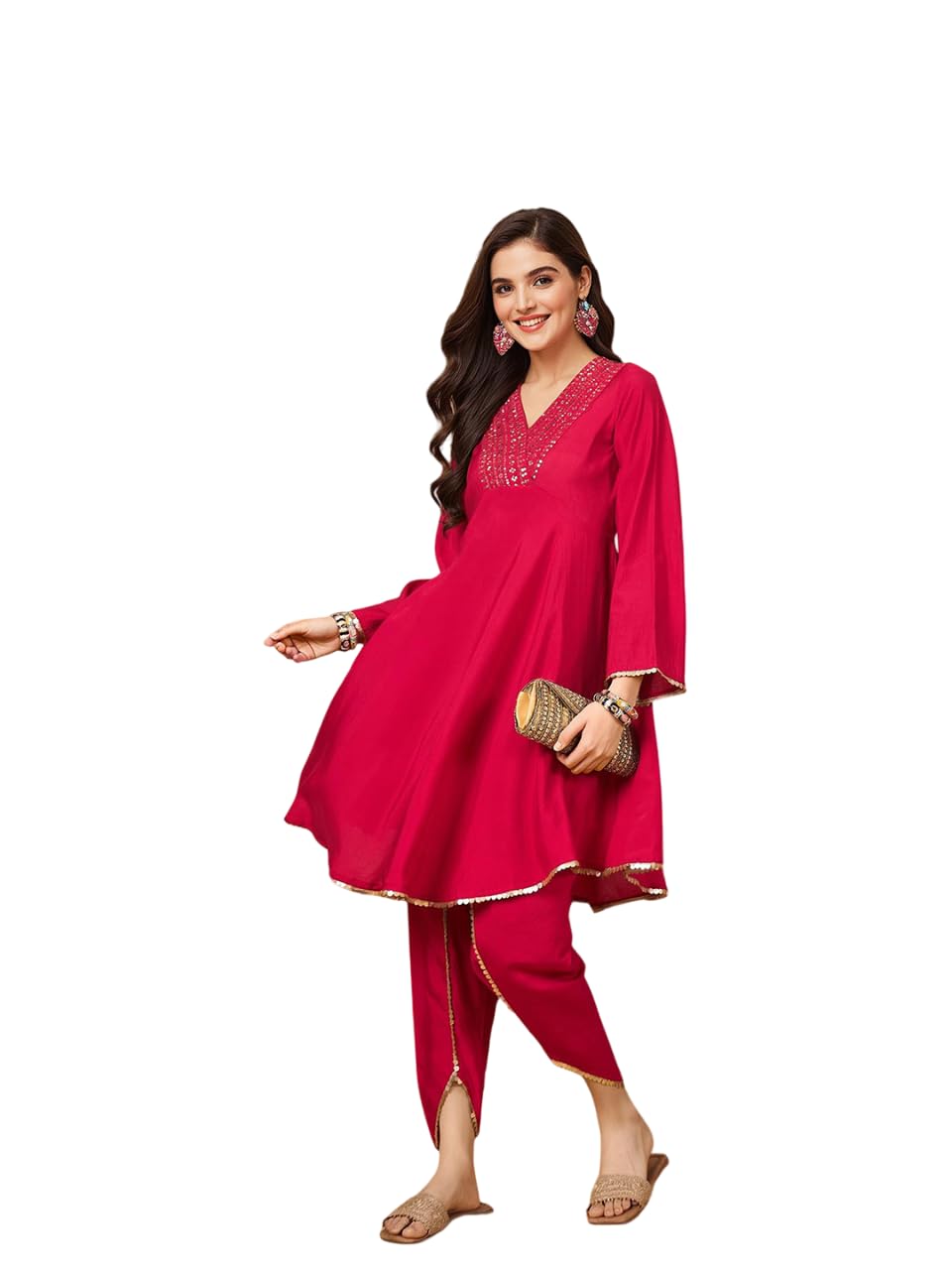 Ishin Women Sequin V-Neck Embellished Knee Length Flared Kurta With Dhoti Pants